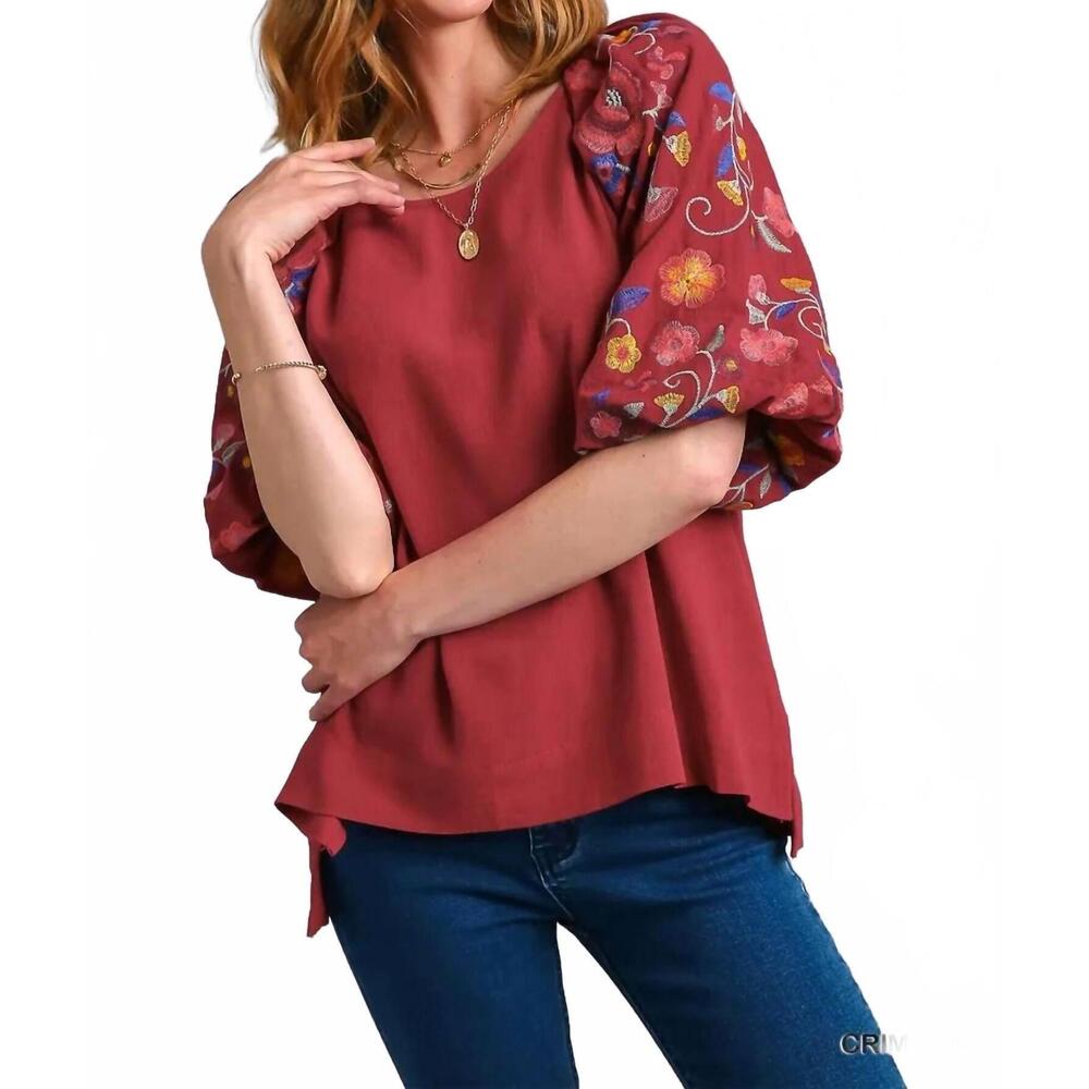 NEW UMGEE embroidery balloon sleeve linen blend top in crimson